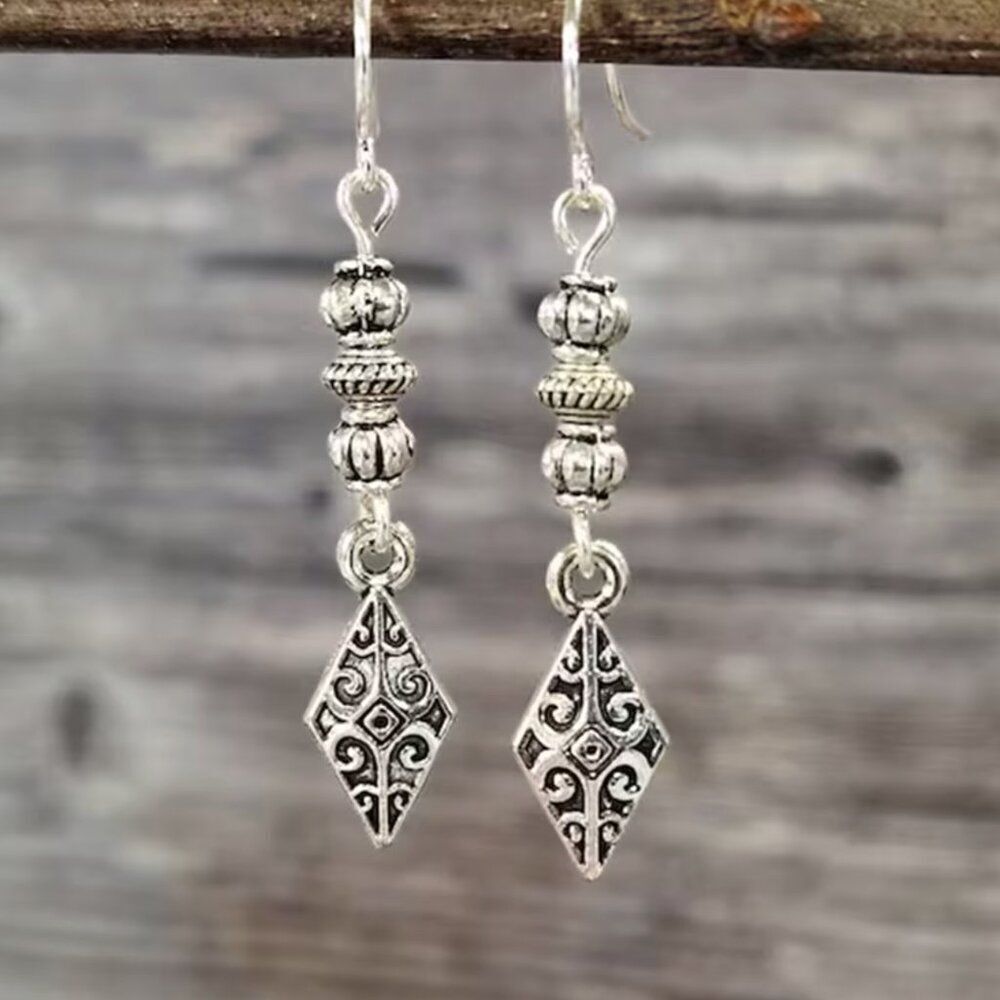 Ethnic Boho Earrings Handcrafted Aged Silver-Tone Dangles